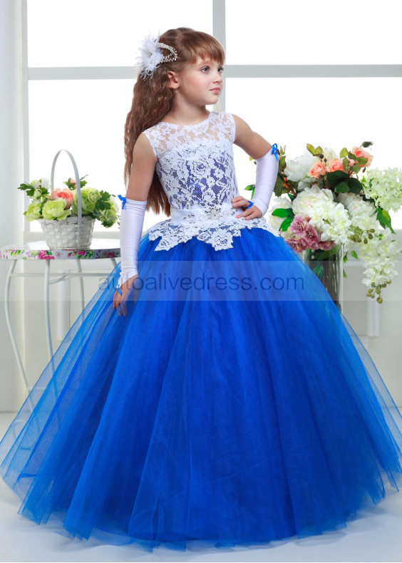 White Lace Royal Blue Tulle Keyhole Back Romantic Flower Girl Dress